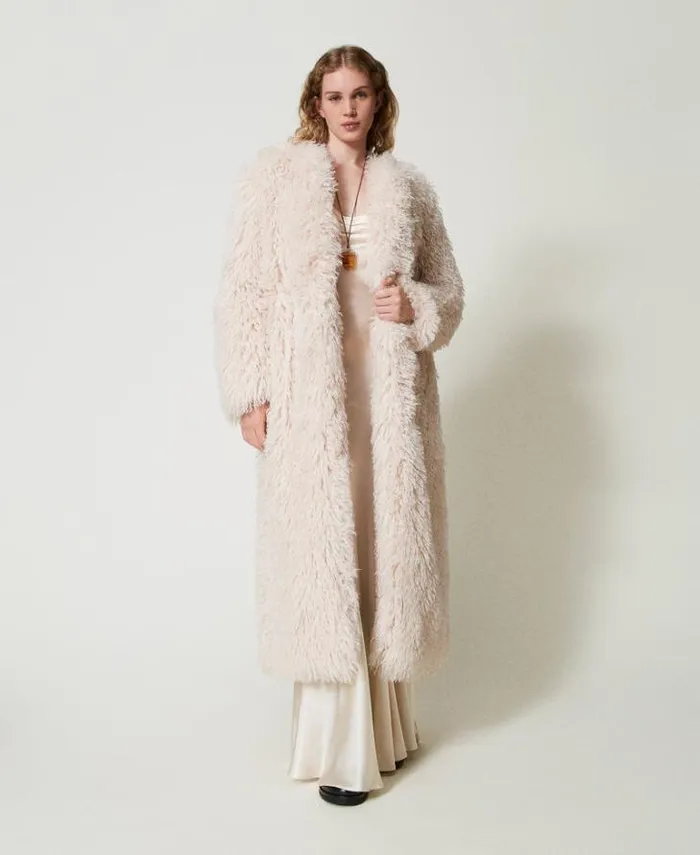 Twinset Coats And Trench Coats Long Faux Fur Coat White Cream 8211 Clothing