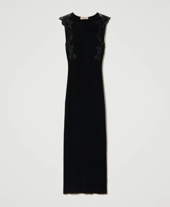 Twinset Elegant Dresses Long Knit Dress With Lace Black 8211 Clothing