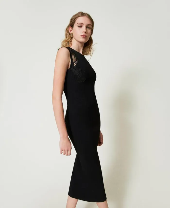 Twinset Elegant Dresses Long Knit Dress With Lace Black 8211 Clothing