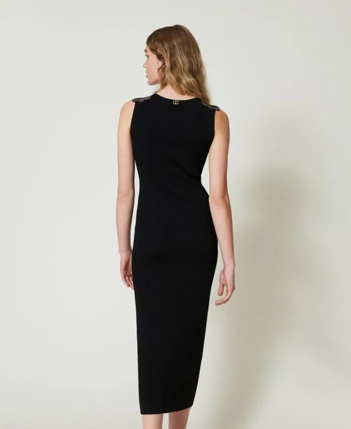 Twinset Elegant Dresses Long Knit Dress With Lace Black 8211 Clothing