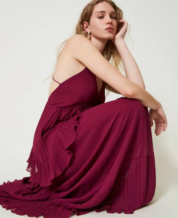 Twinset Elegant Dresses Long Pleated Georgette Dress 034red Plum034 Purple 8211 Clothing