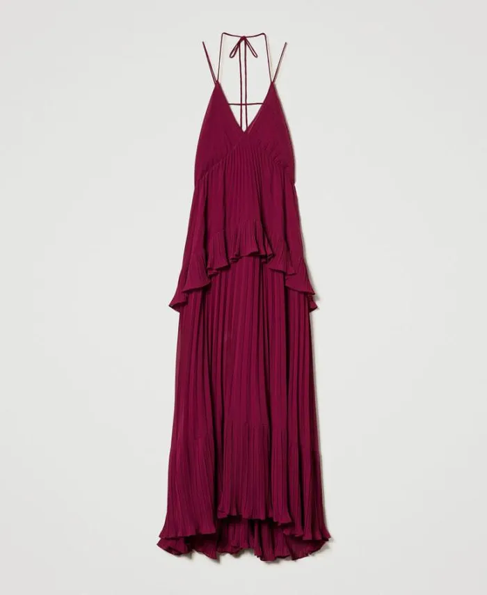 Twinset Elegant Dresses Long Pleated Georgette Dress 034red Plum034 Purple 8211 Clothing
