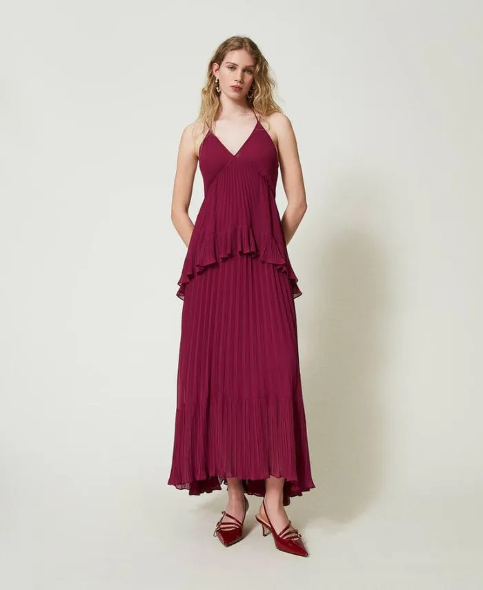 Twinset Elegant Dresses Long Pleated Georgette Dress 034red Plum034 Purple 8211 Clothing