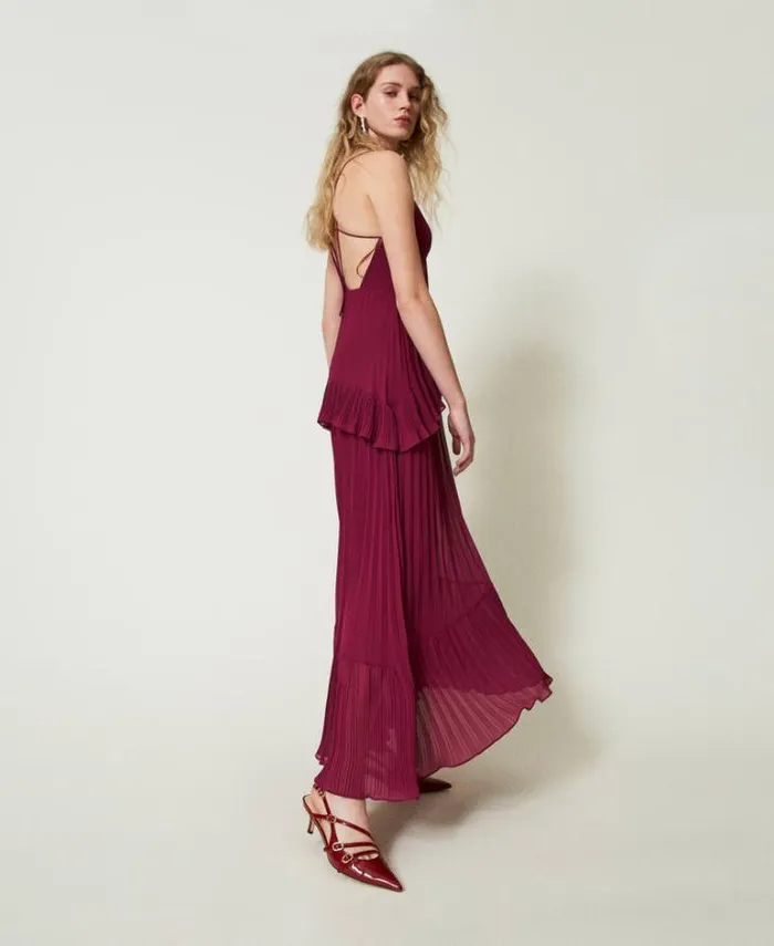 Twinset Elegant Dresses Long Pleated Georgette Dress 034red Plum034 Purple 8211 Clothing