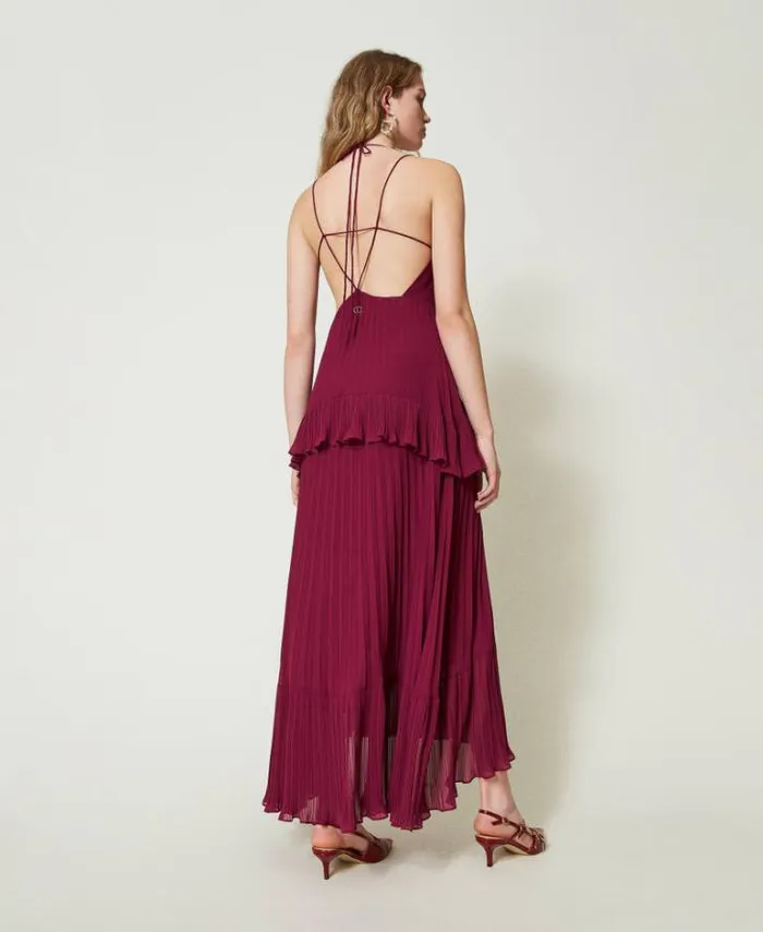 Twinset Elegant Dresses Long Pleated Georgette Dress 034red Plum034 Purple 8211 Clothing