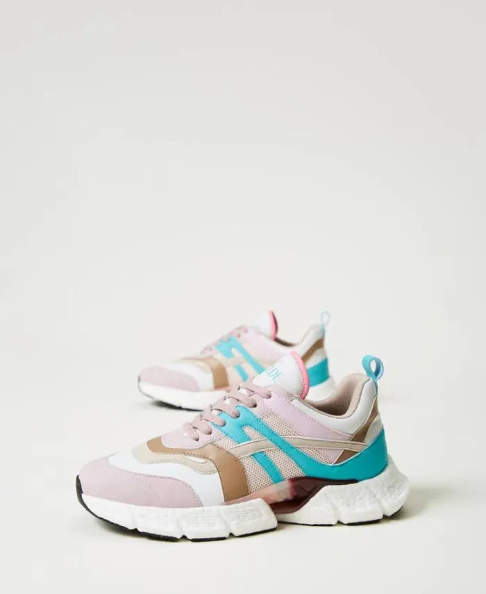 Twinset Flat Shoes Colour Block Running Trainers Multicolour Papers White Tropical Emerald Green Pink Tulle 8211 Shoes