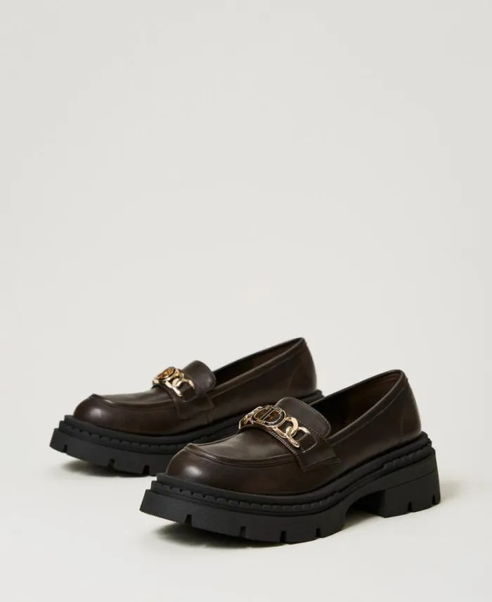 Twinset Flat Shoes Loafers With Oval T Clasp Coffee Chocolate 8211 Shoes