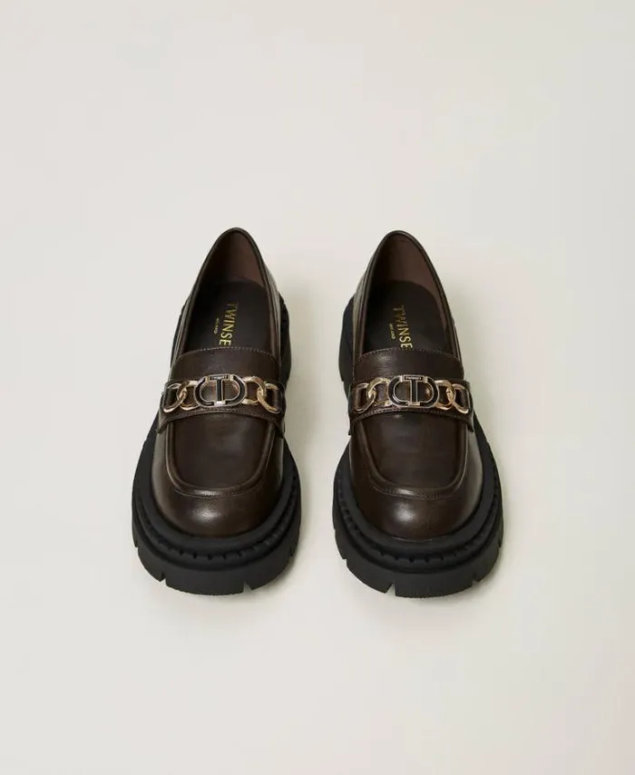 Twinset Flat Shoes Loafers With Oval T Clasp Coffee Chocolate 8211 Shoes