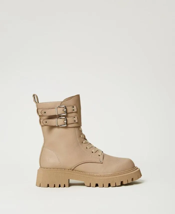 Twinset Flat Shoes MYFO Combat Boots With Two Straps Dull Gold 8211 Shoes