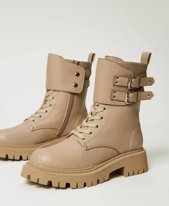 Twinset Flat Shoes MYFO Combat Boots With Two Straps Dull Gold 8211 Shoes