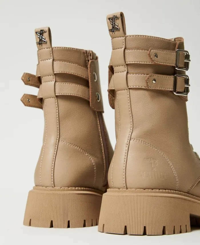 Twinset Flat Shoes MYFO Combat Boots With Two Straps Dull Gold 8211 Shoes