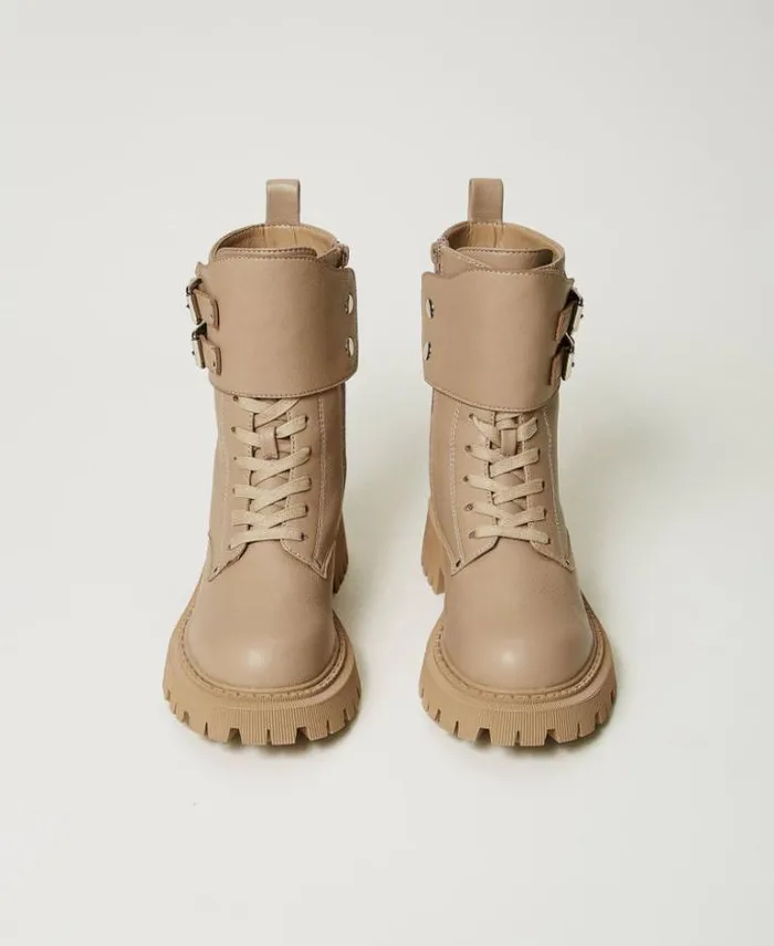 Twinset Flat Shoes MYFO Combat Boots With Two Straps Dull Gold 8211 Shoes