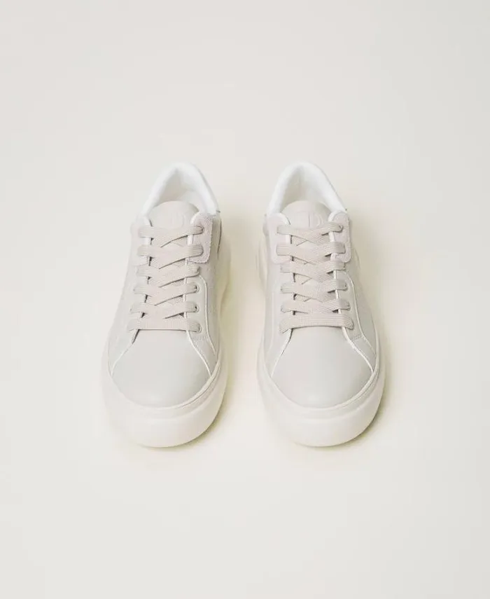 Twinset Flat Shoes Openwork Trainers With Logo Pearl Gray 8211 Shoes