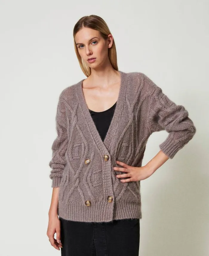 Twinset Jumpers And Cardigans Mohair Blend Doublebreasted Cardigan Dark Taupe 8211 Clothing