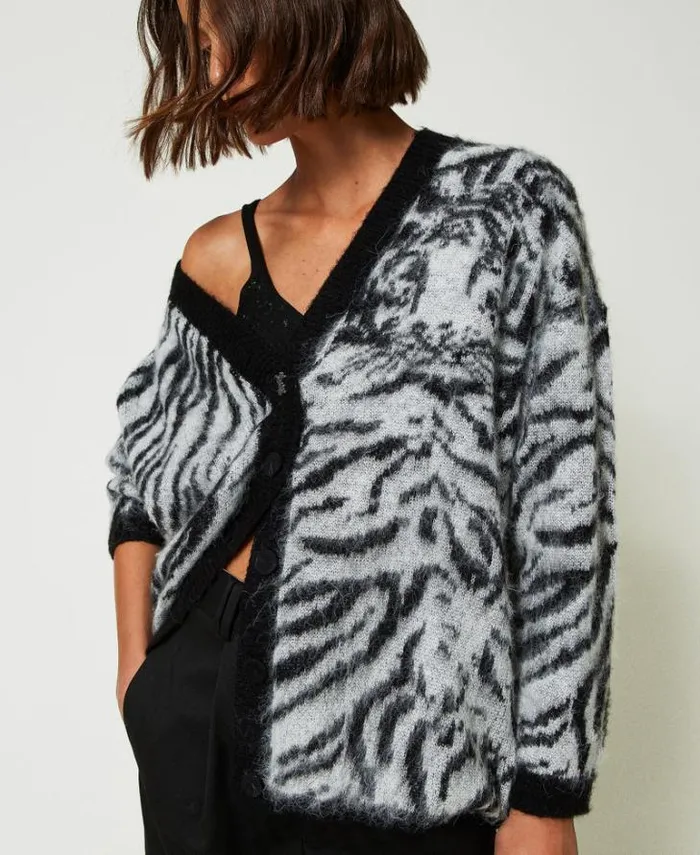 Twinset Jumpers And Cardigans MYFO Animal Print Jacquard Cardigan Twotone Tiger Jacquard 8211 Clothing