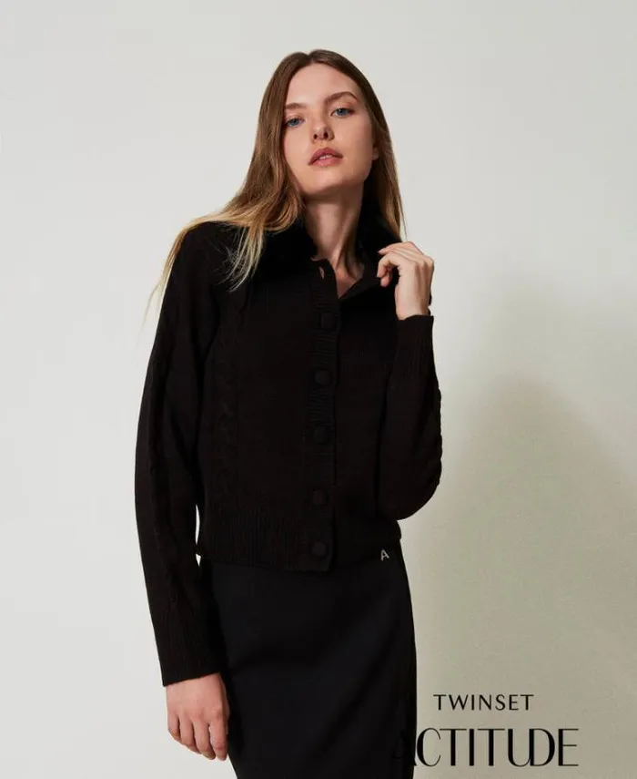 Twinset Jumpers And Cardigans Short Cardigan With Faux Fur Collar Black 8211 Clothing