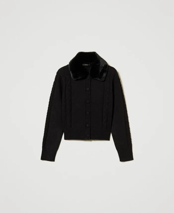 Twinset Jumpers And Cardigans Short Cardigan With Faux Fur Collar Black 8211 Clothing