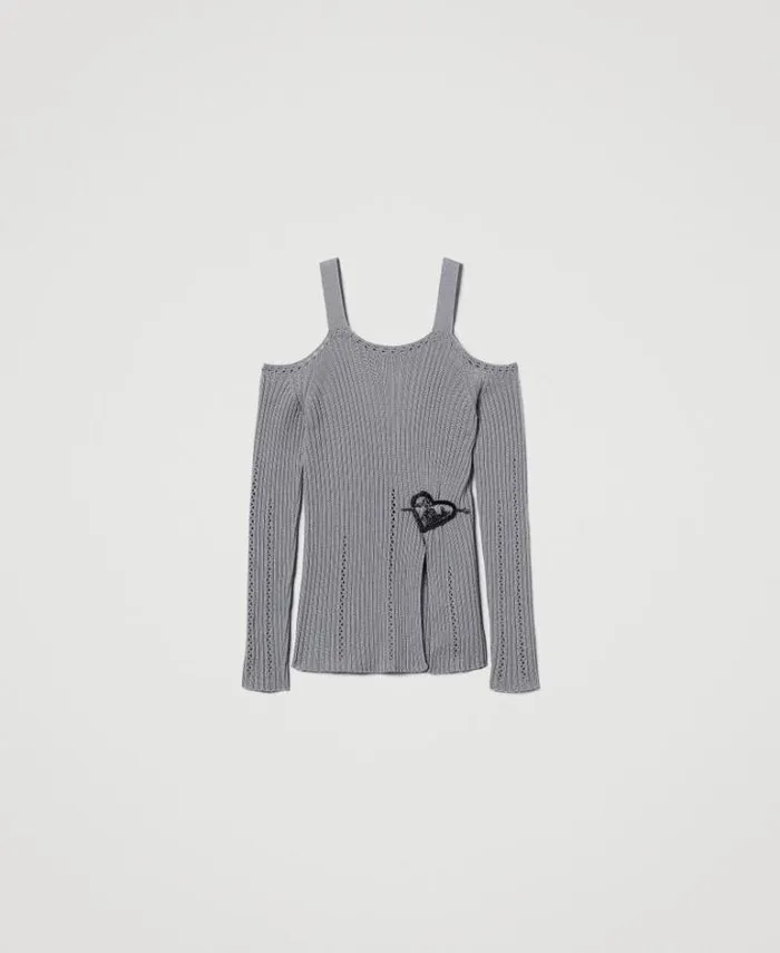 Twinset Jumpers And Cardigans Treeblend Yarn Jumper With Brooch Light Fume Grey 8211 Clothing