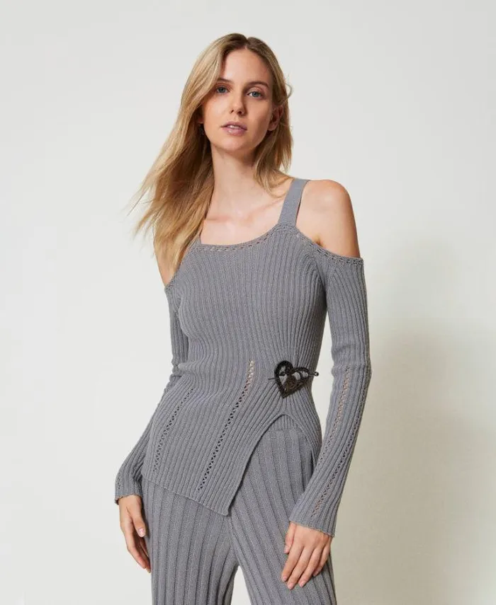 Twinset Jumpers And Cardigans Treeblend Yarn Jumper With Brooch Light Fume Grey 8211 Clothing