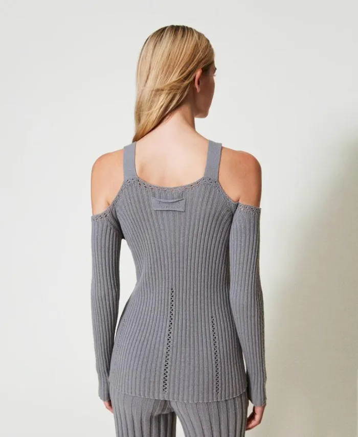 Twinset Jumpers And Cardigans Treeblend Yarn Jumper With Brooch Light Fume Grey 8211 Clothing