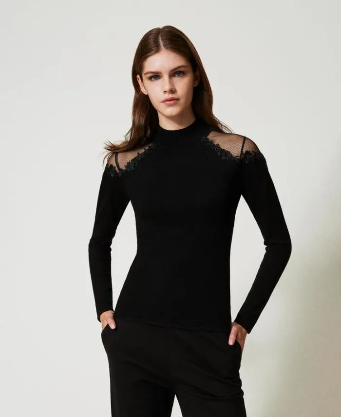 Twinset Jumpers And Cardigans Turtleneck Jumper With Tulle And Embroidery Black 8211 Clothing