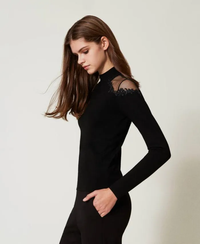 Twinset Jumpers And Cardigans Turtleneck Jumper With Tulle And Embroidery Black 8211 Clothing