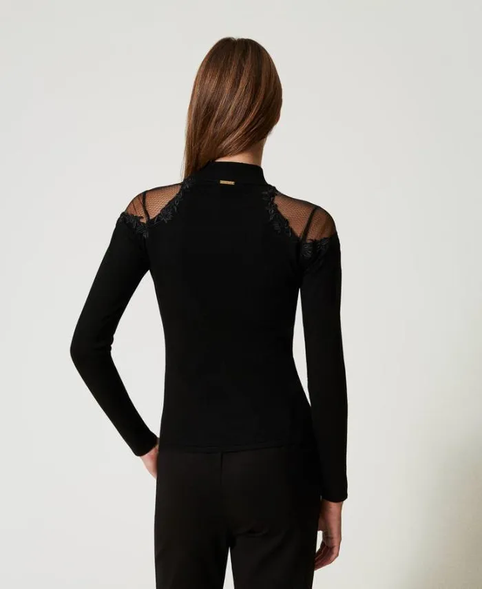 Twinset Jumpers And Cardigans Turtleneck Jumper With Tulle And Embroidery Black 8211 Clothing