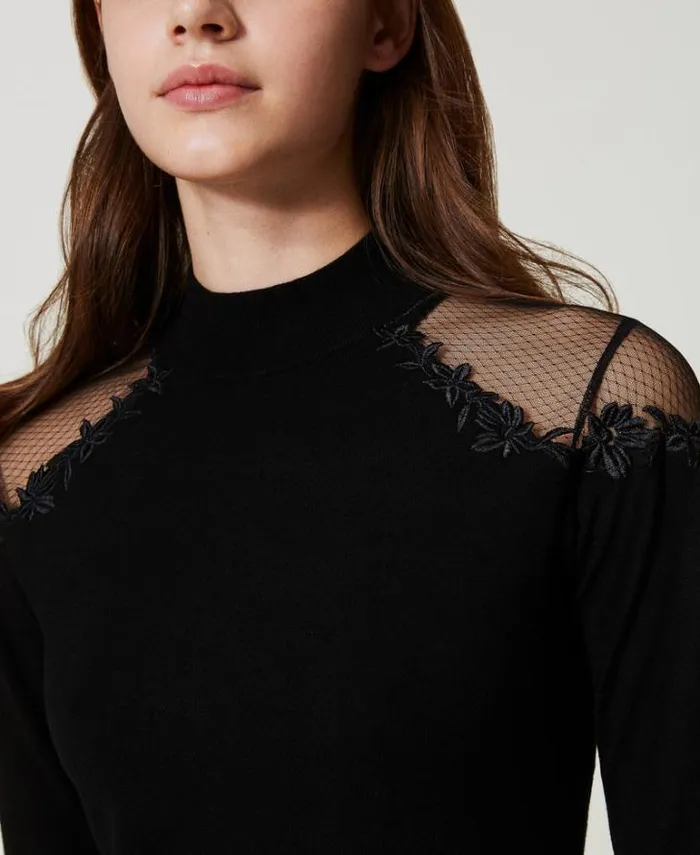Twinset Jumpers And Cardigans Turtleneck Jumper With Tulle And Embroidery Black 8211 Clothing