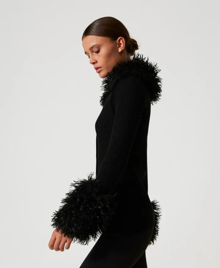 Twinset Jumpers And Cardigans Wool Blend And Faux Fur Cardigan Black 8211 Clothing