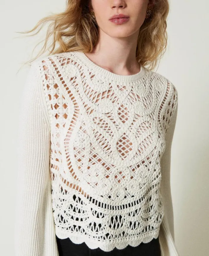 Twinset Jumpers And Cardigans Wool Blend Crochet Jumper White Snow 8211 Clothing