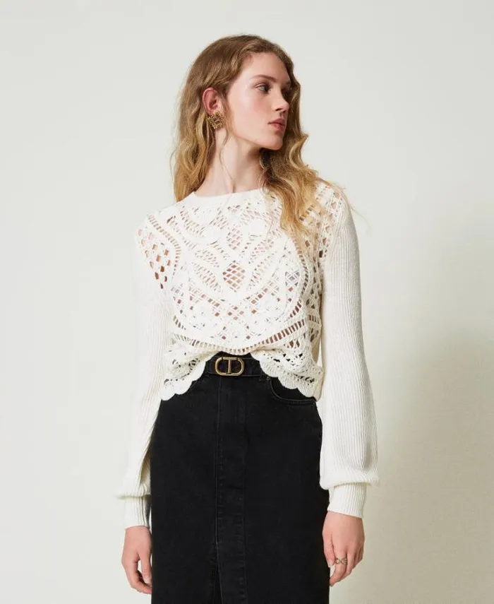 Twinset Jumpers And Cardigans Wool Blend Crochet Jumper White Snow 8211 Clothing
