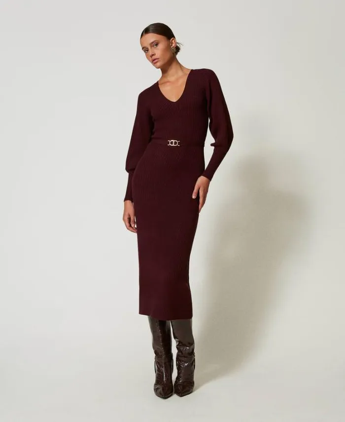 Twinset Long Dresses Long Ribbed Knit Dress With Belt Plum Wine Red 8211 Clothing
