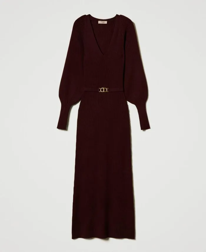 Twinset Long Dresses Long Ribbed Knit Dress With Belt Plum Wine Red 8211 Clothing