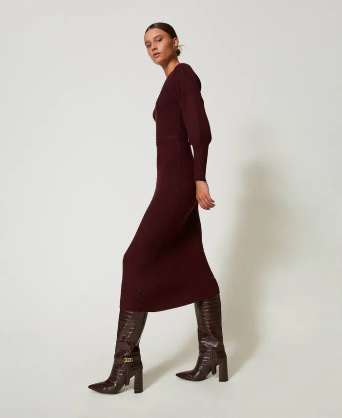 Twinset Long Dresses Long Ribbed Knit Dress With Belt Plum Wine Red 8211 Clothing