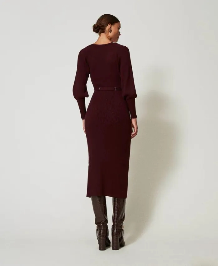 Twinset Long Dresses Long Ribbed Knit Dress With Belt Plum Wine Red 8211 Clothing