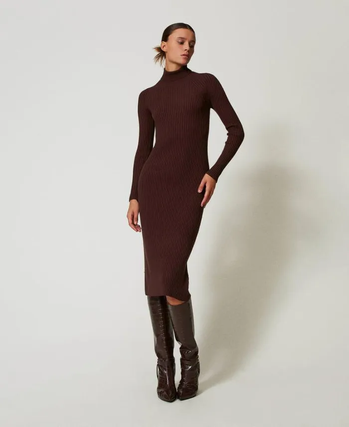 Twinset Long Dresses Long Ribbed Knit Dress With Cutout Coffee Chocolate 8211 Clothing