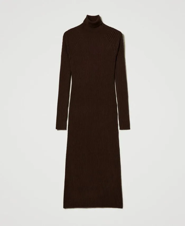 Twinset Long Dresses Long Ribbed Knit Dress With Cutout Coffee Chocolate 8211 Clothing