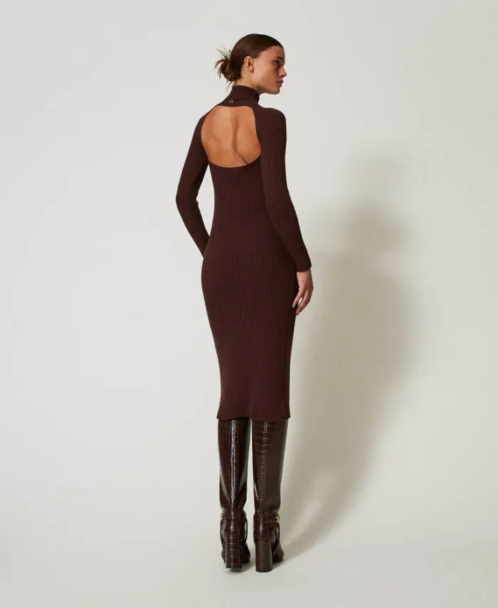 Twinset Long Dresses Long Ribbed Knit Dress With Cutout Coffee Chocolate 8211 Clothing