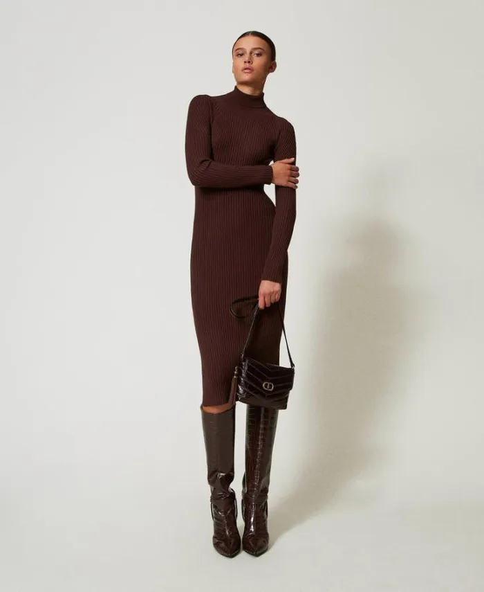 Twinset Long Dresses Long Ribbed Knit Dress With Cutout Coffee Chocolate 8211 Clothing