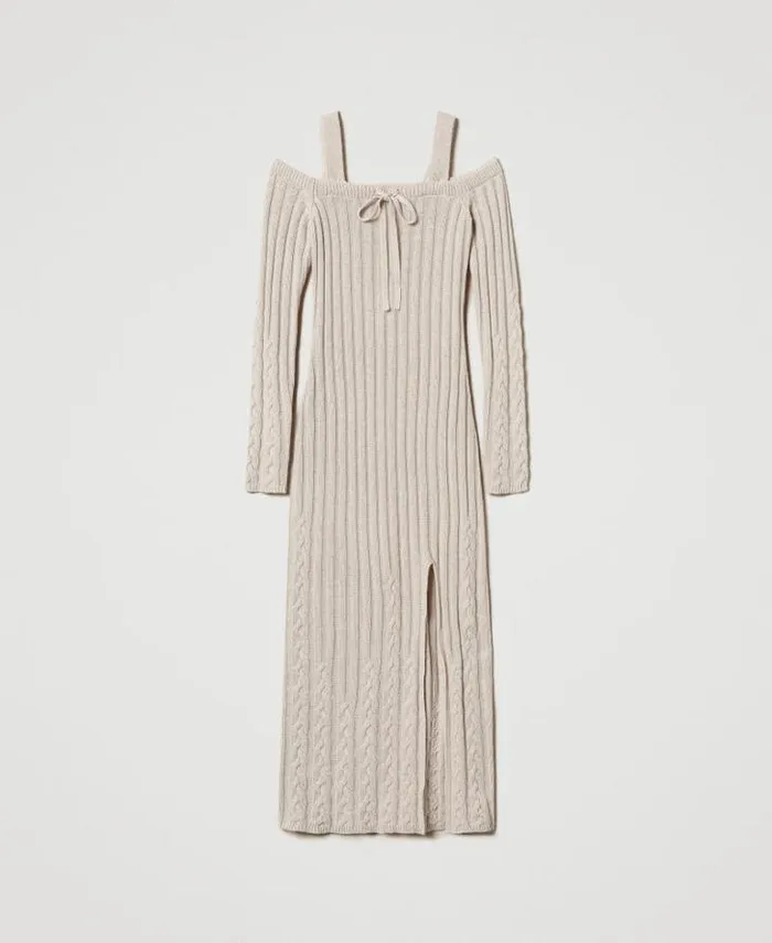 Twinset Long Dresses Treeblend Yarn Long Dress With Cable Knit Pattern Cappuccino 8211 Clothing