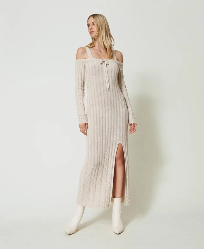Twinset Long Dresses Treeblend Yarn Long Dress With Cable Knit Pattern Cappuccino 8211 Clothing