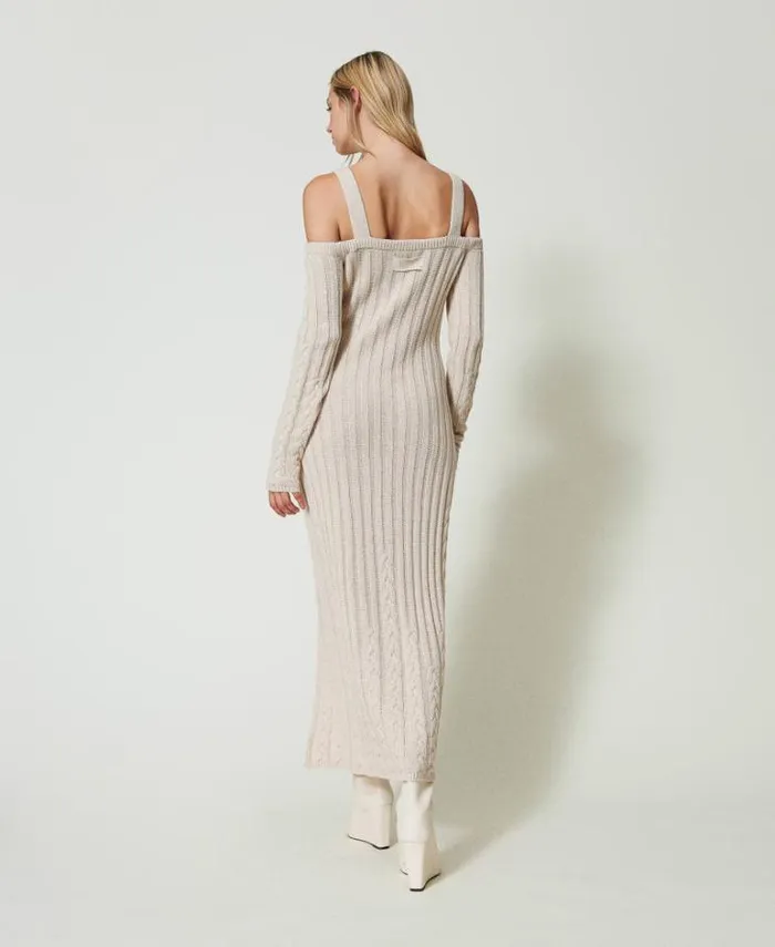 Twinset Long Dresses Treeblend Yarn Long Dress With Cable Knit Pattern Cappuccino 8211 Clothing