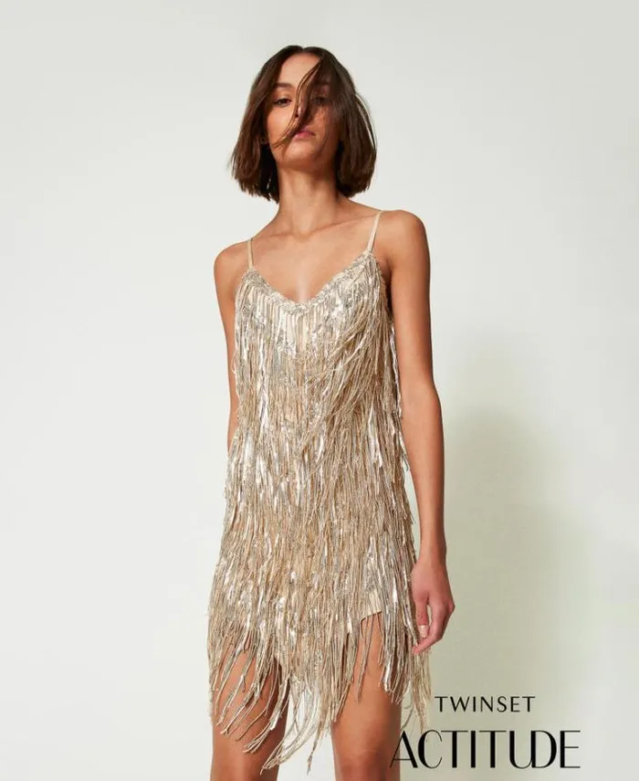 Twinset Short Dresses MYFO Short Dress With Sequin Fringes Dull Gold 8211 Clothing