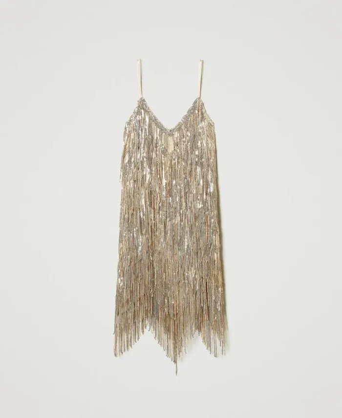 Twinset Short Dresses MYFO Short Dress With Sequin Fringes Dull Gold 8211 Clothing