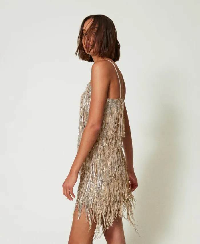 Twinset Short Dresses MYFO Short Dress With Sequin Fringes Dull Gold 8211 Clothing