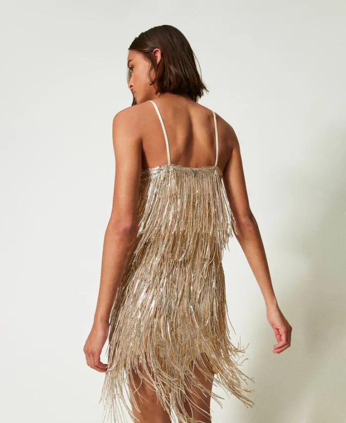 Twinset Short Dresses MYFO Short Dress With Sequin Fringes Dull Gold 8211 Clothing