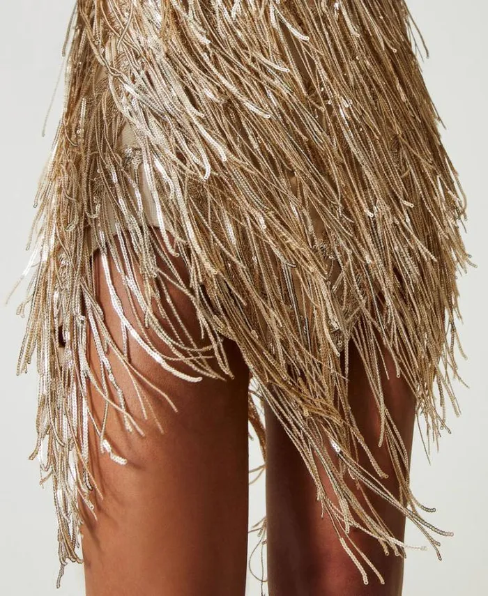 Twinset Short Dresses MYFO Short Dress With Sequin Fringes Dull Gold 8211 Clothing