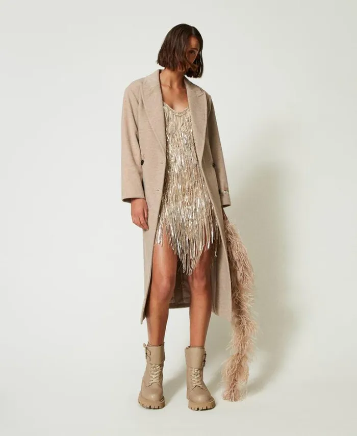 Twinset Short Dresses MYFO Short Dress With Sequin Fringes Dull Gold 8211 Clothing