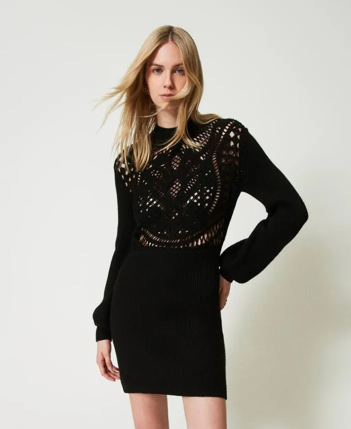 Twinset Short Dresses Short Wool Blend Crochet Dress Black 8211 Clothing