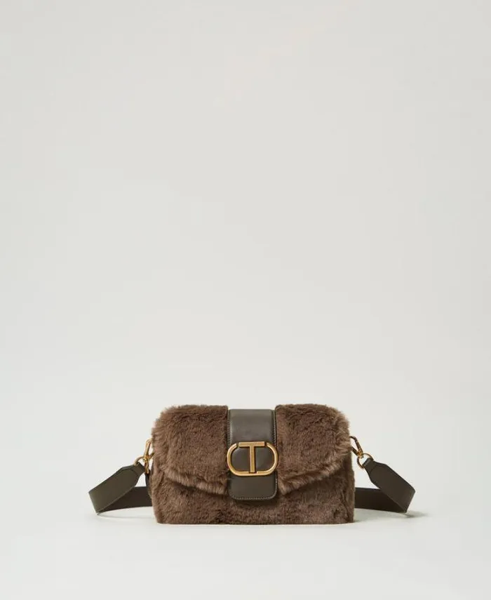 Twinset Shoulder Bags 039Amie039 Medium Faux Fur Shoulder Bag Dark Taupe 8211 Bags